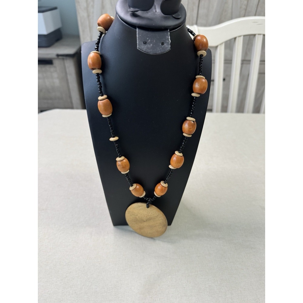 Boho Tribal Wood Beaded Necklace Large Disc Pendant Ethnic Statement‎ Bohemian